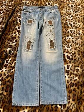 International Laundry Vintage Y2K Distressed Patchwork Studded Baggy Bootcut Jea